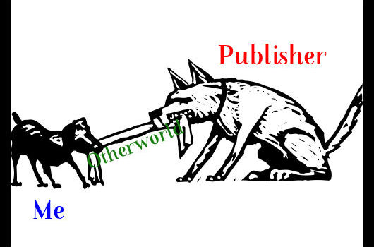 Two dogs, a little one and a big one, playing tug of war.