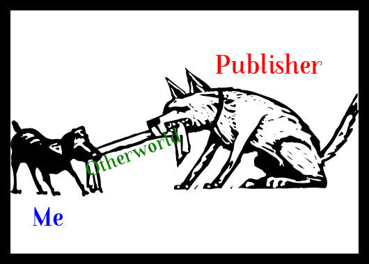 Two dogs, a little one and a big one, playing tug of war.